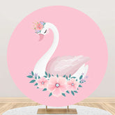 Aperturee - Pink Floral White Swan Round Backdrop For Birthday